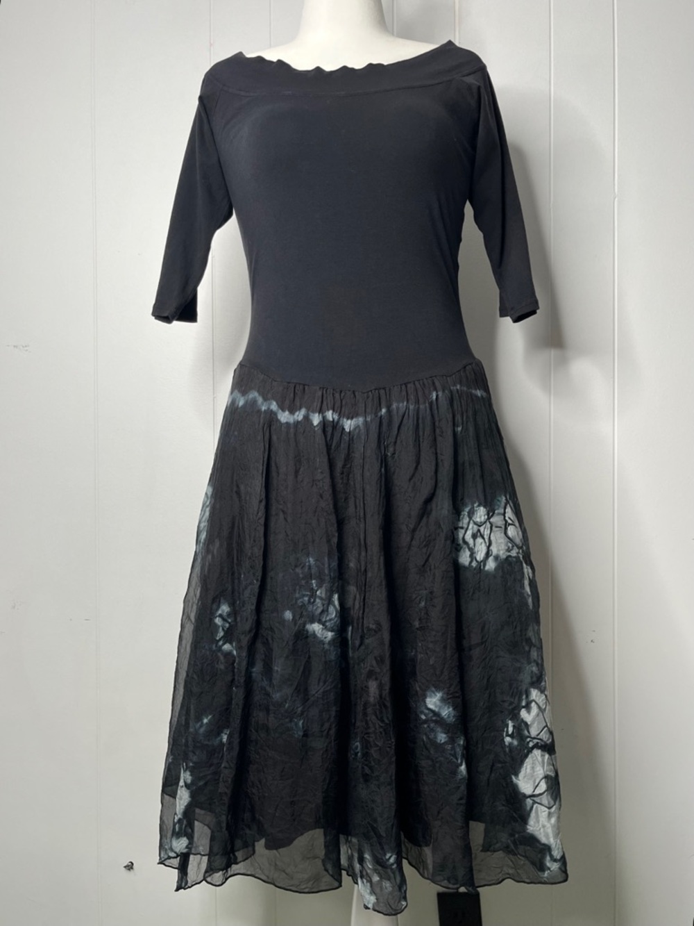 Luna Luz Black Tie-Dye Midi Dress - Women's Large 3/4 Sleeves Full Skirt